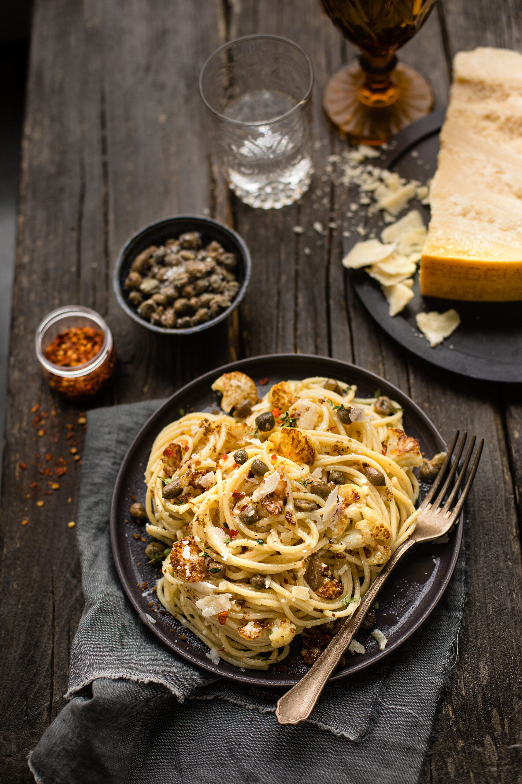 Spaghetti with Roasted Cauliflower, Capers & Parmigiano Reggiano